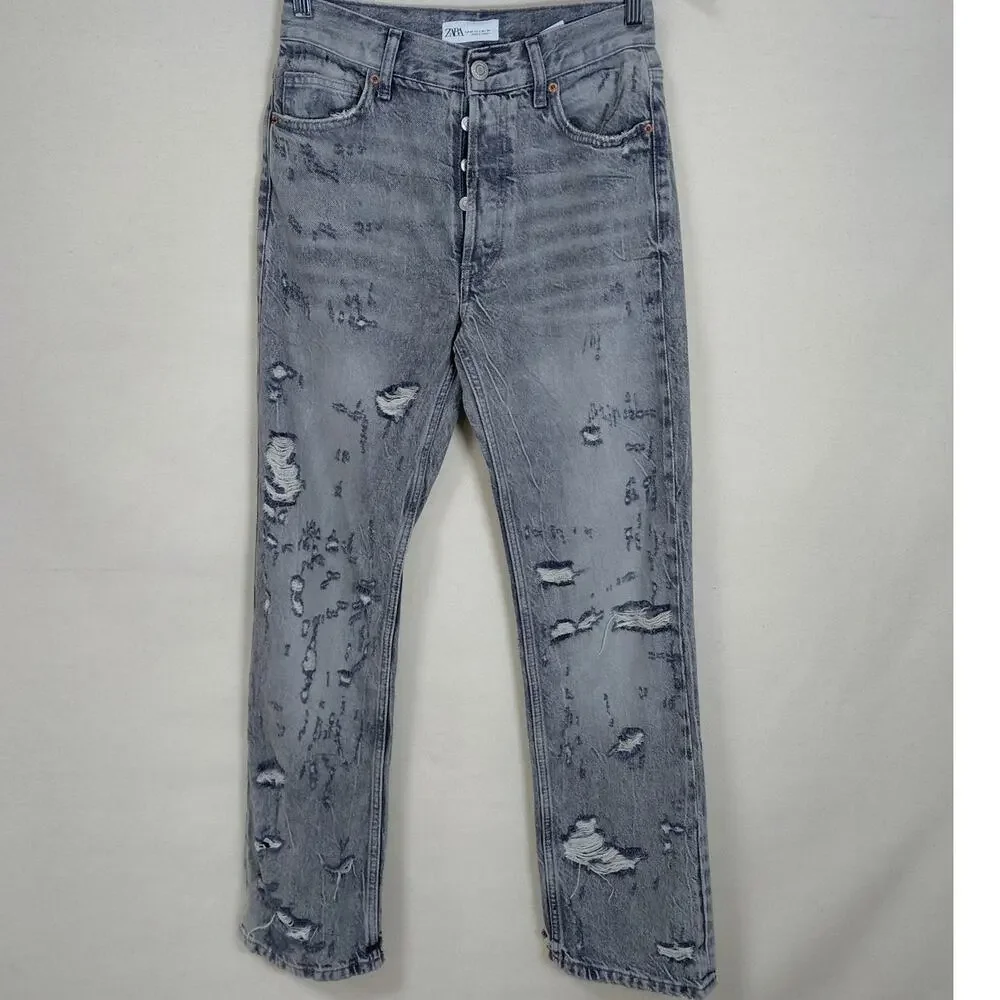 Zara Gray Acid Wash Distressed Button Fly Straight Leg Jeans Women Size 2